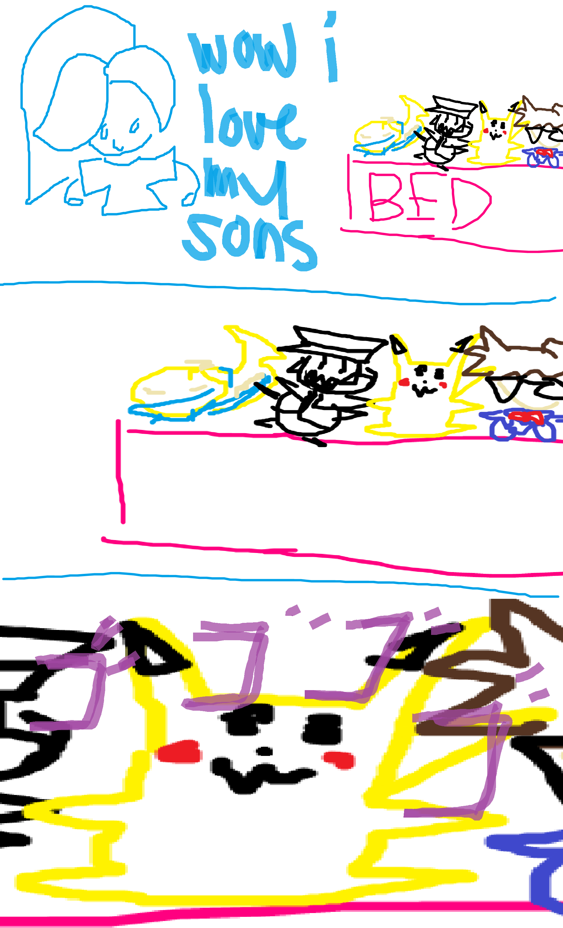 PANEL 1: taylor says 'wow i love my sons'. PANEL 2: zoom in on the 'sons', which are a bunch of plushies on taylor's bed. PANEL 3: we zoom in further on the pikachu plush, which has empty eyes and is giving off a menacing aura. END COMIC.