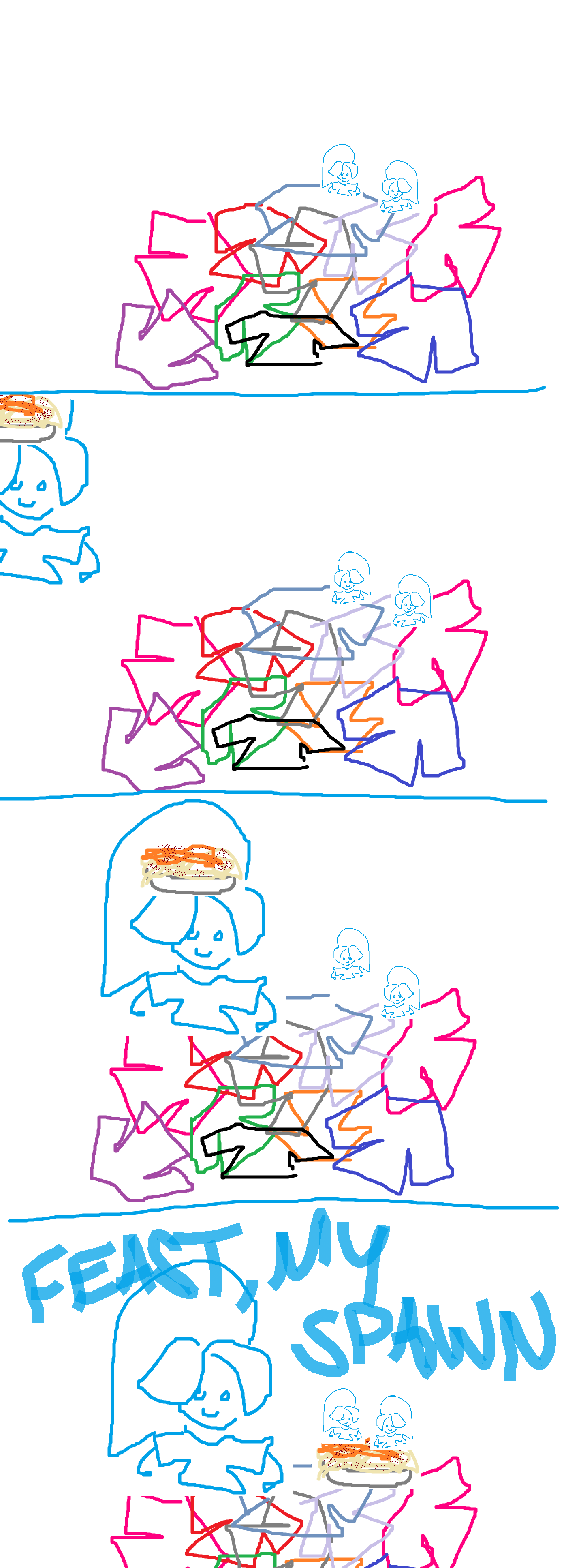 PANEL 1: two baby taylors are sitting on top of a pile of laundry. PANEL 2: the mother taylor flies in, carrying a plate of spaghetti on their head. PANEL 3: the mother taylor lands on the laundry nest. the children are jumping for joy. PANEL 4: the mother taylor puts down the spaghetti and the children immediately begin to devour it ravenously. the mother says 'FEAST, MY SPAWN' and looks at the camera. END COMIC.