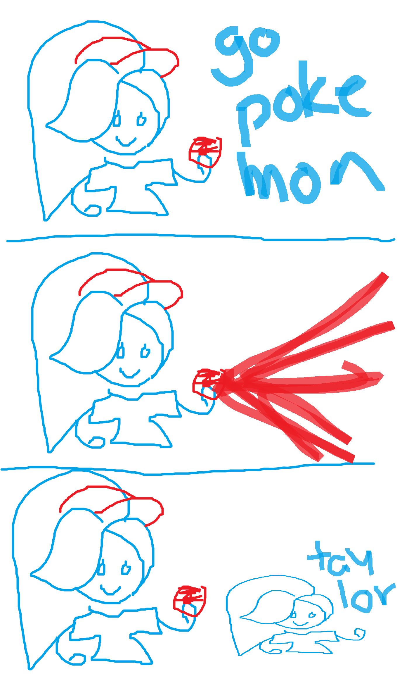 PANEL 1: taylor is holding a pokeball and yells 'go poke mon!'. PANEL 2: red light emerges from the pokeball. what is inside? PANEL 3: a smaller taylor has emerged from the ball. it says its name 'tay lor' like any pokemon would. END COMIC.